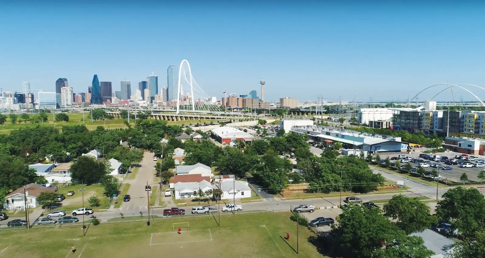 Downtown Dallas skyline and the Margaret Hunt Hill Bridge from above
